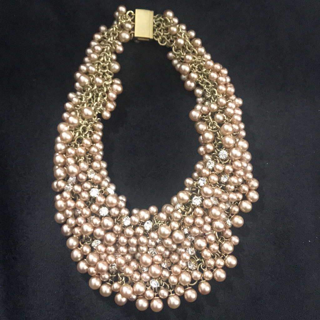 Pink Pearl W/Rhinestone Cluster Necklace/Choker